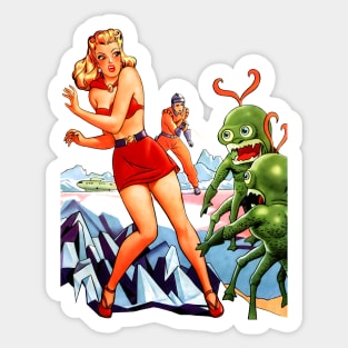 Retro Girl Pin Up Vintage Aliens Space Green Extraterrestrial Planet Rocket Spaceship Startling Comics Old Cartoon Blonde Woman Sticker